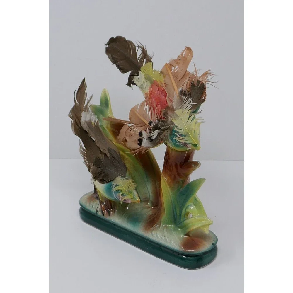 MCM Mid Century Vintage Porcelain Birds with Real Feathers Figurine Japan
